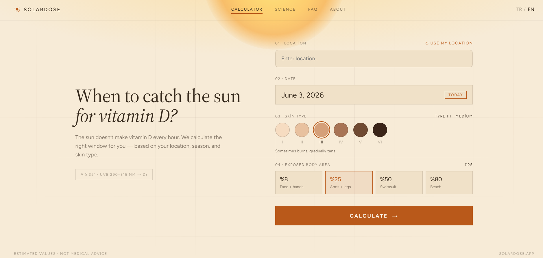 SolarDose — vitamin D synthesis calculator interface